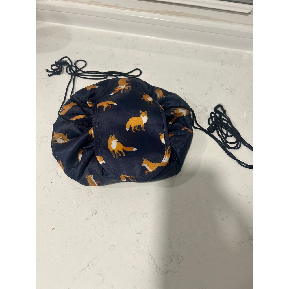 Drawstring Makeup Bag Navy Blue Fox Large Capacity Travel Cosmetic Organizer
